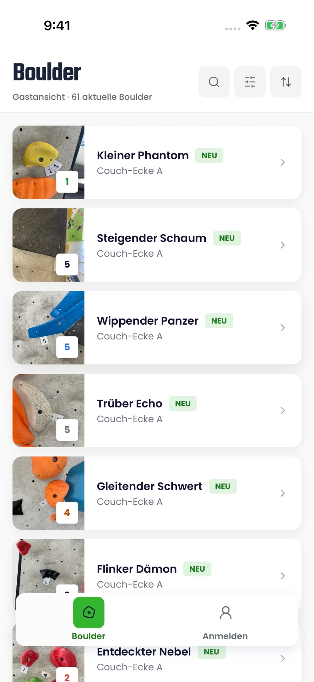 Boulderübersicht mit Fotos und Schwierigkeitsgraden.