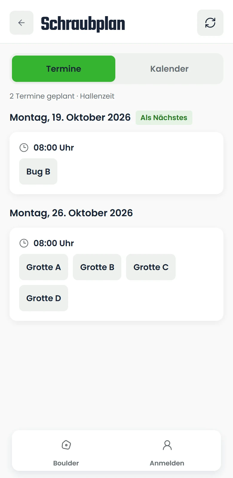 Schraubplan mit kommenden Terminen und Hallenbereichen.