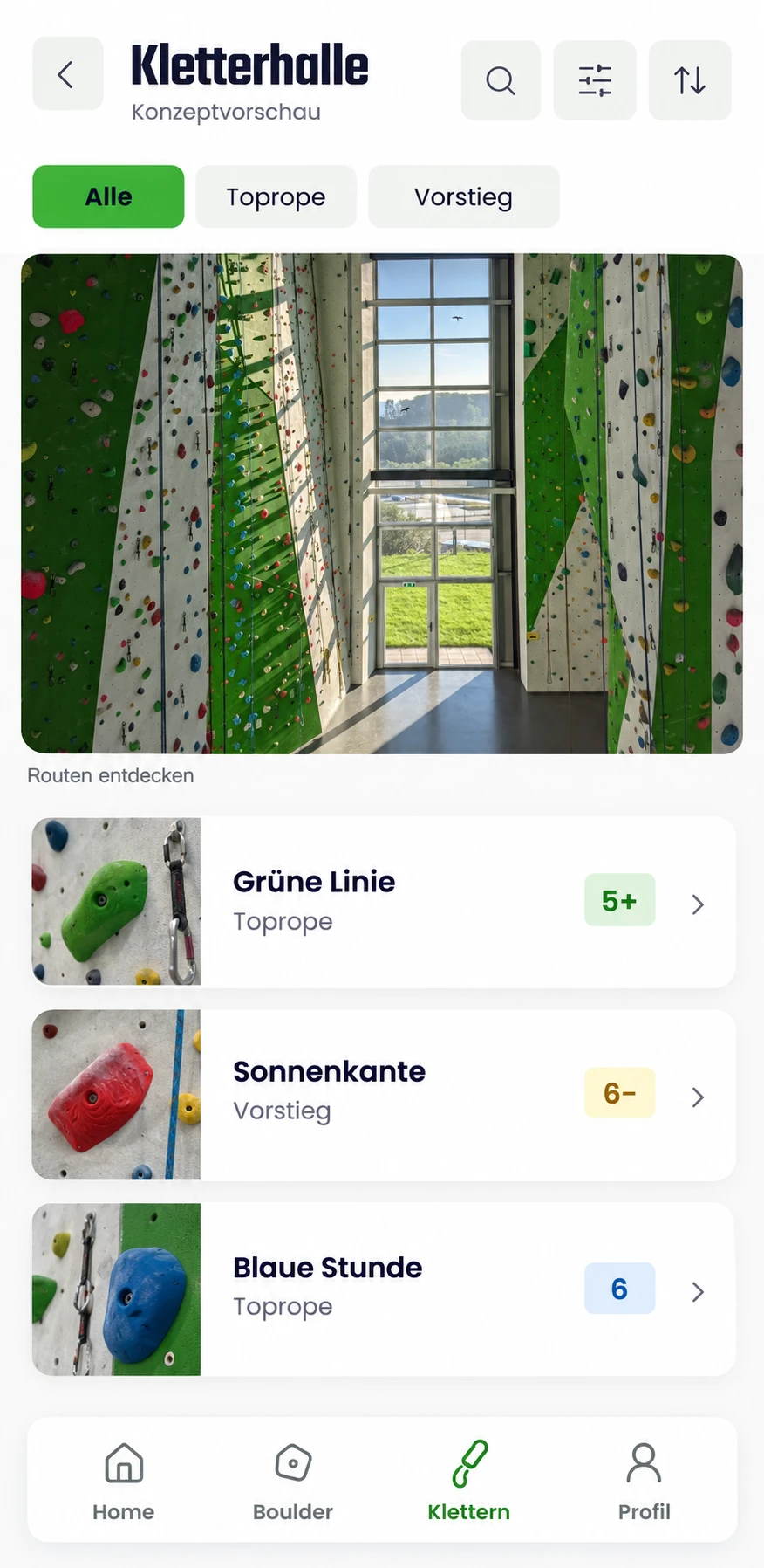 Generierter Konzeptentwurf für die Kletterhalle: mögliche Routenübersicht mit Toprope und Vorstieg.