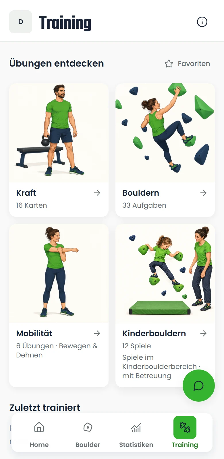 Vorschau des Trainingsbereichs mit Übungen